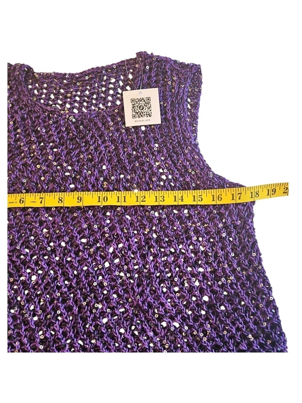 Handmade Crochet Cover-Up Sparkle Mesh Resort Top One Size 20" Asymmetrical Hem - Picture 11 of 15